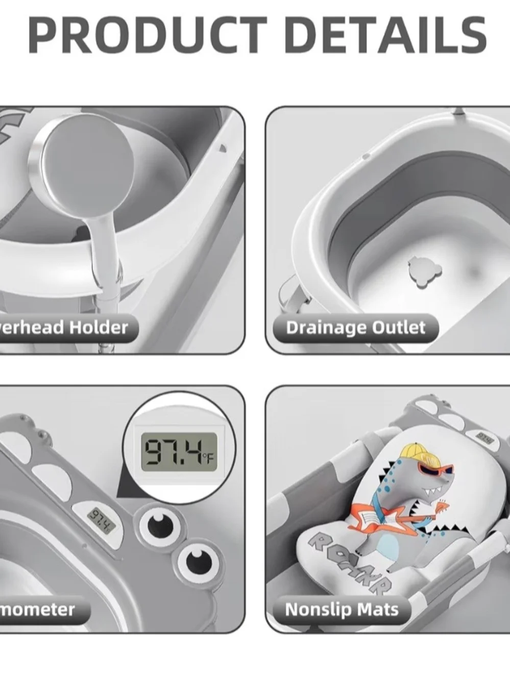 Gray Shark Print Folding Baby Bath Tub with Cushion